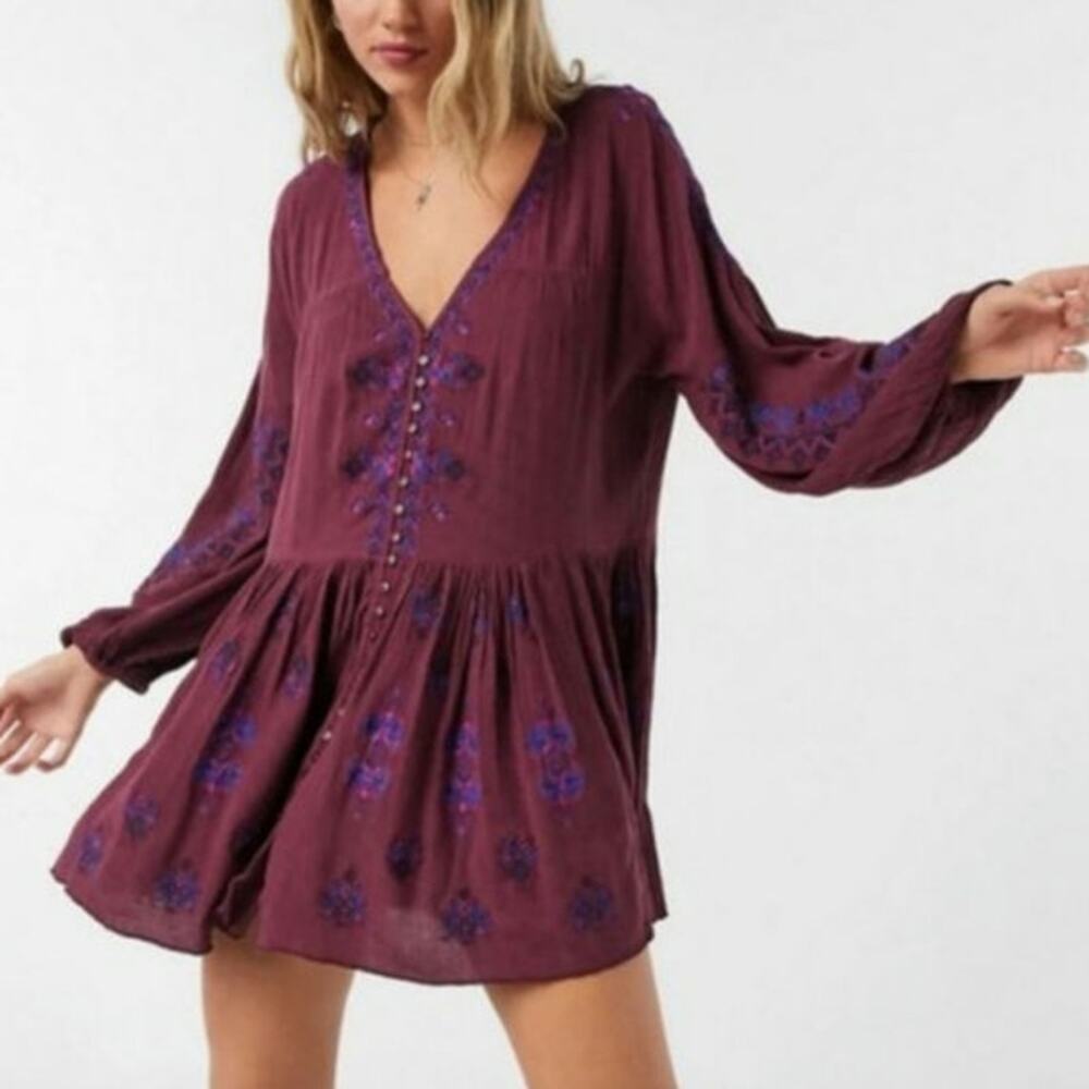 Free People Plum Mini Dress with Blue Embroidery